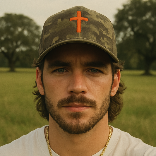 Blaze Orange Cross over Cammo Trucker Hat