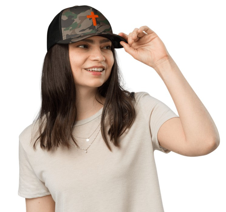 Blaze Orange Cross over Cammo Trucker Hat